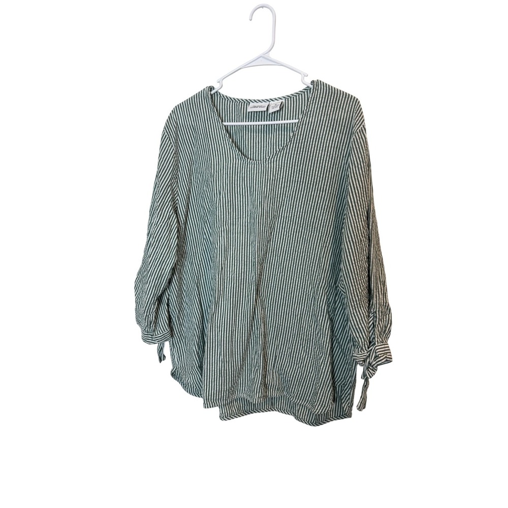 The Vermont Country Store Shirt Womens XL Green Striped 3/4 Sleeve Tunic Top
